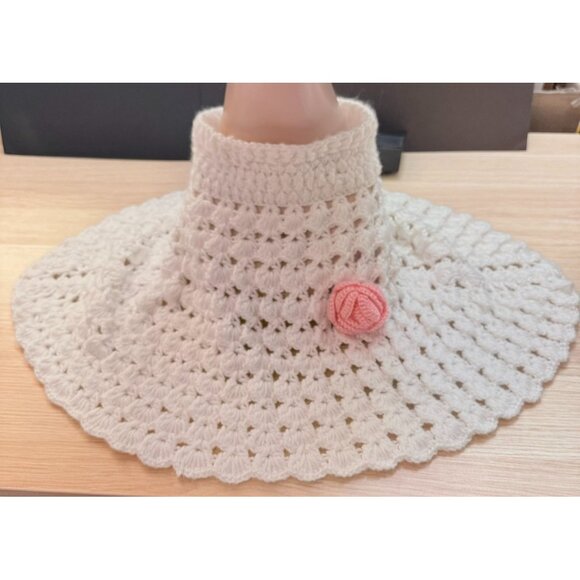 Handmade Crocheted White Girls OS Poncho Collar Cape Poncho Pink Rose Roll Neck - Picture 2 of 7